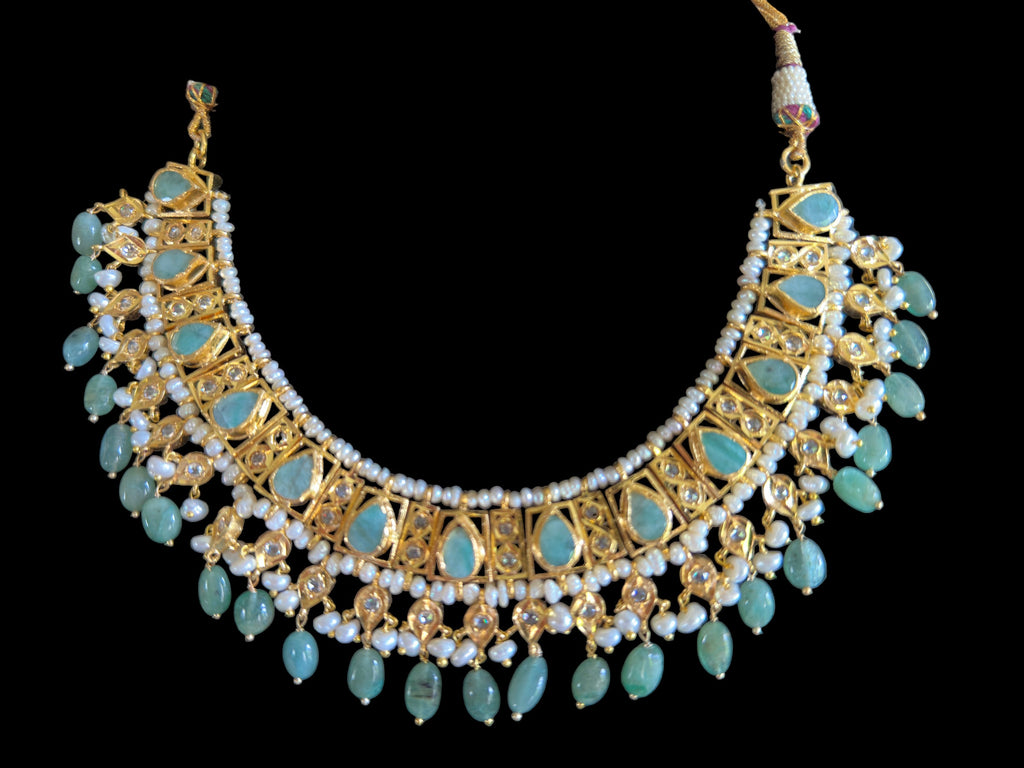 RAKIBA gold plated silver necklace set in emerald  with fresh water pearls ( SHIPS IN 5 WEEKS )