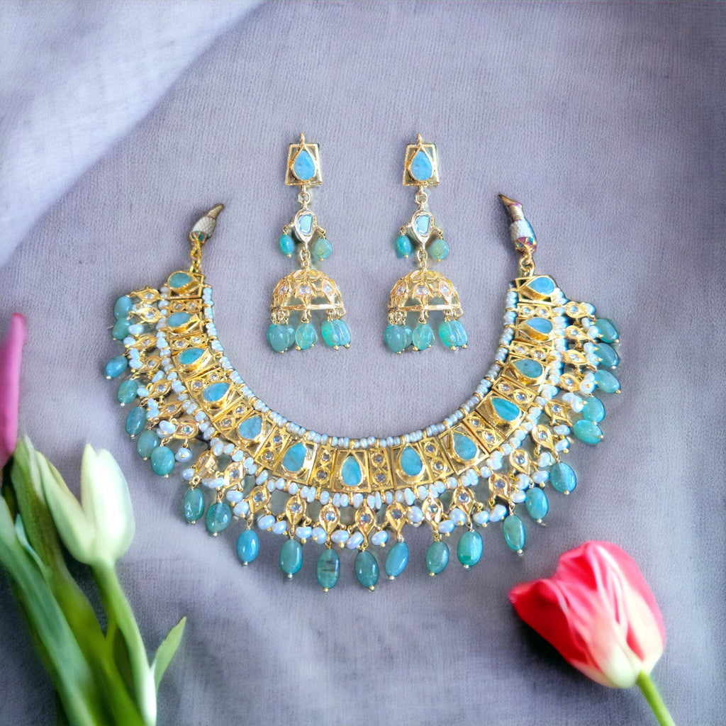 RAKIBA gold plated silver necklace set in emerald  with fresh water pearls ( SHIPS IN 5 WEEKS )