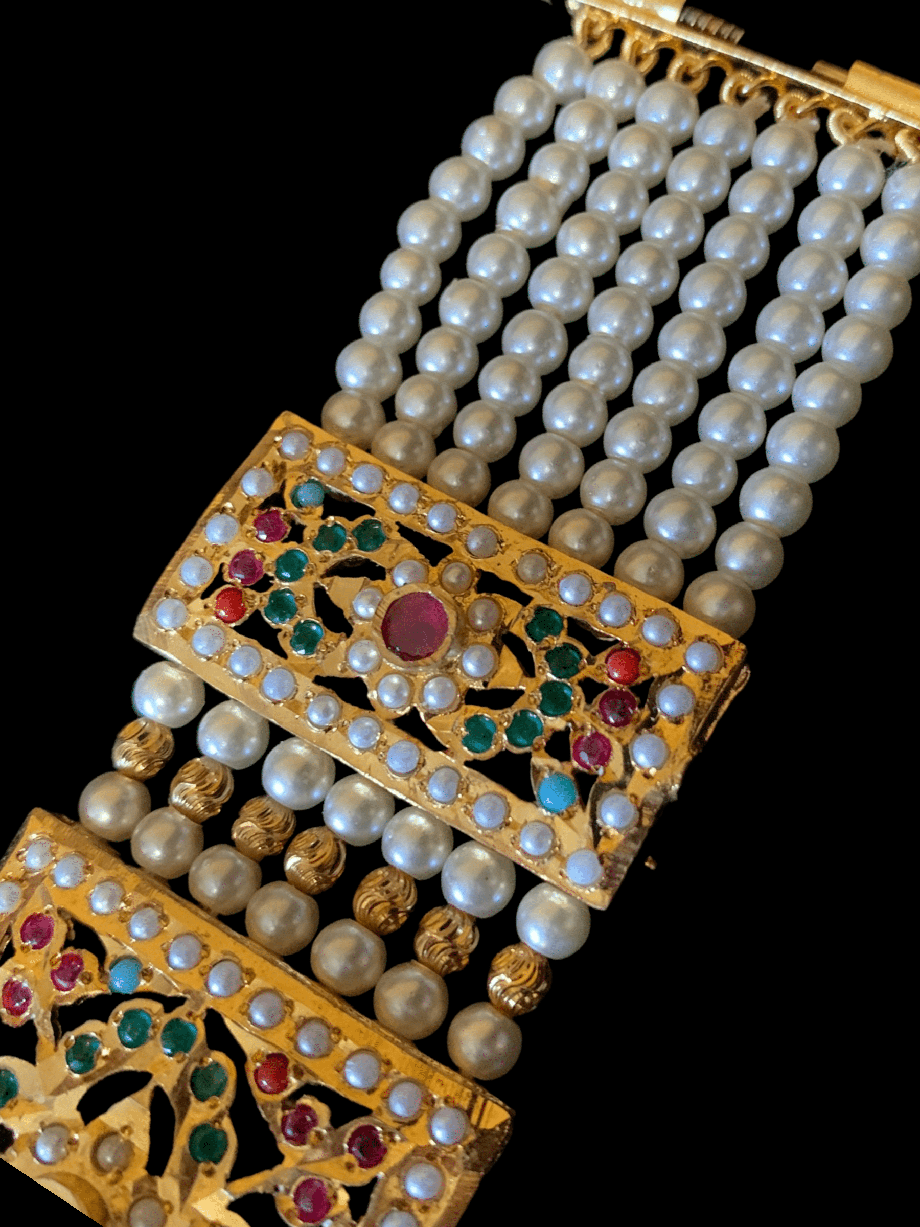 B66 Saira jadau bracelet in navratan with pearls    ( READY TO SHIP )