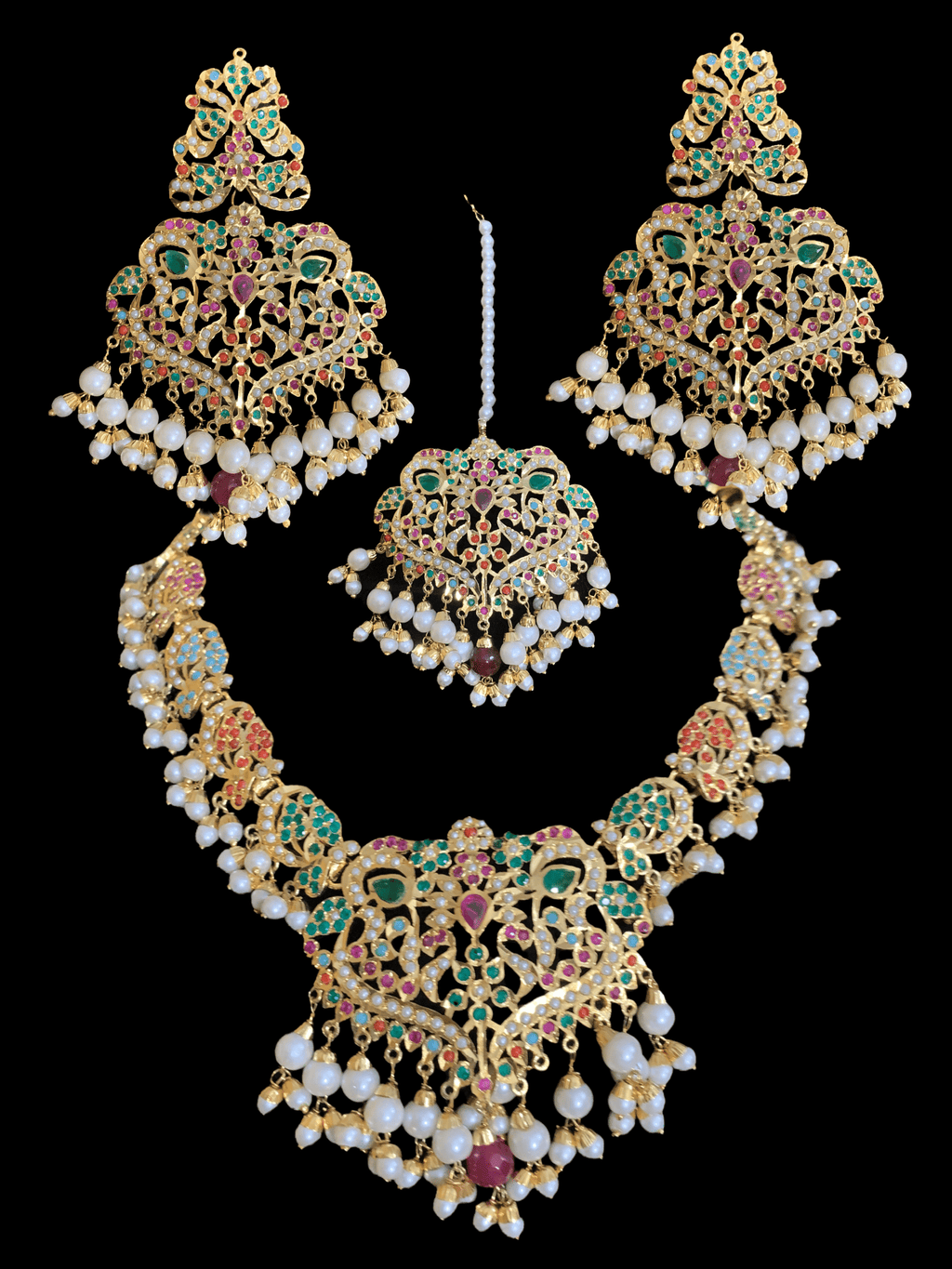 NS70 Neeli navratan jadau pearl necklace with earrings tika (SHIPS IN 3 WEEKS  )