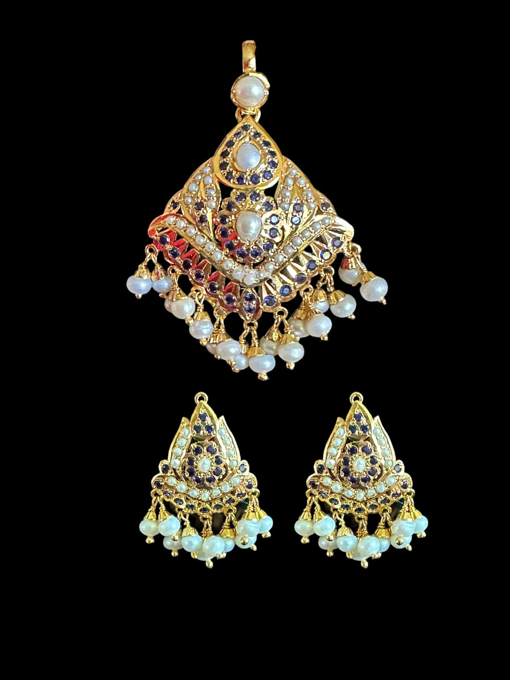 Sapphire with Fresh water pearl gold plated silver pendant set  ( SHIPS IN 4 WEEKS )