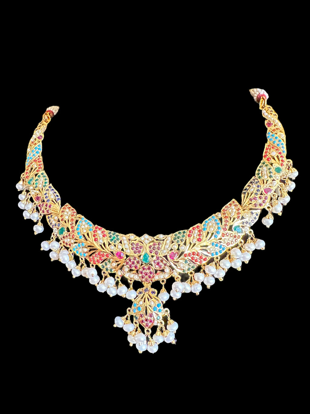 Navratan necklace  set with fresh water pearls in gold plated silver ( READY TO SHIP )