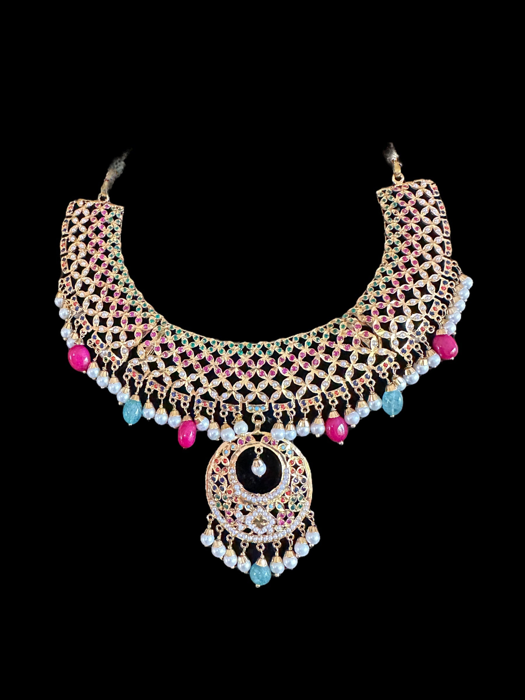 NS517 multicolor jadau  necklace with earrings tika ( READY TO SHIP )