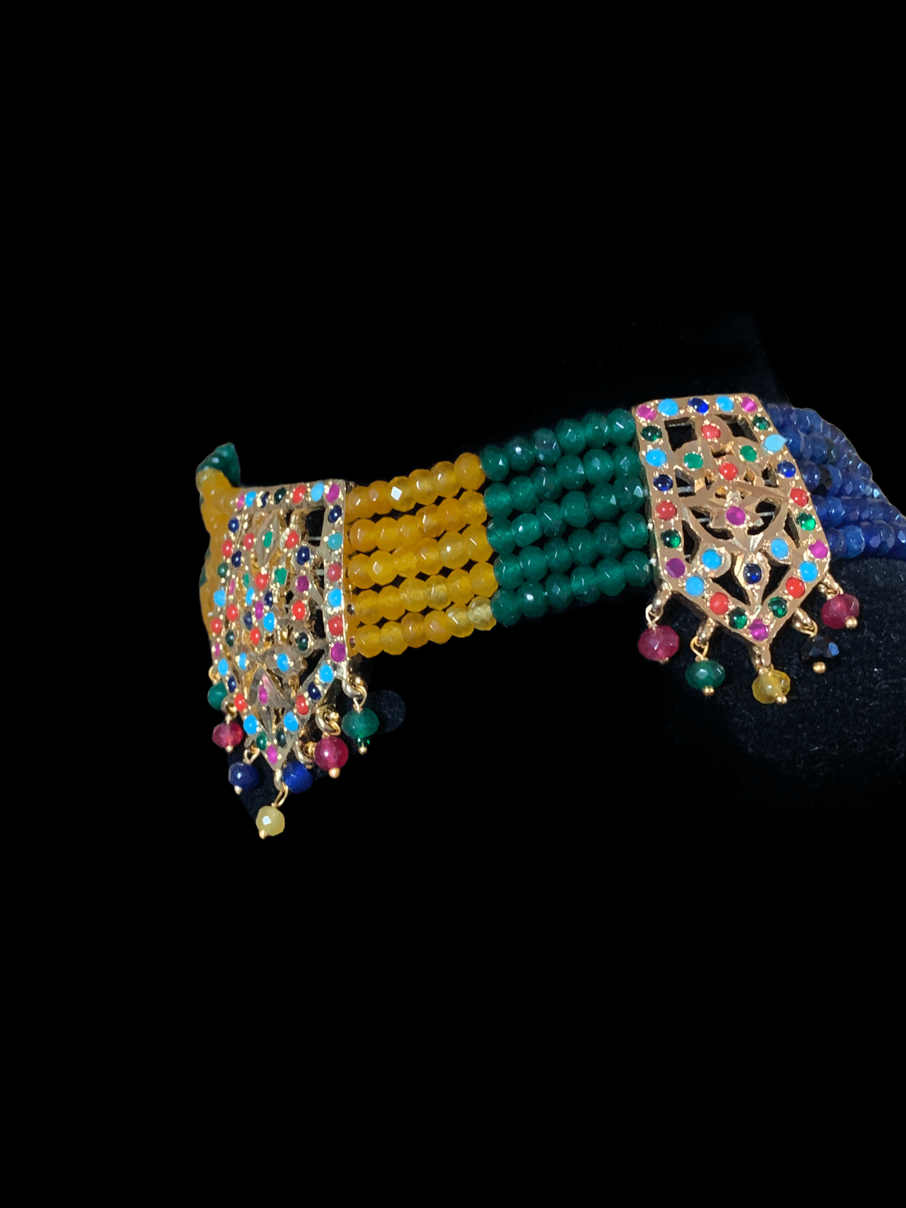C88 Indu Hyderabadi Jadau choker with earrings In Navratan beads ( SHIPS IN 3 WEEKS )