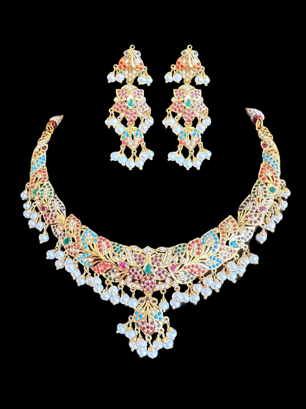 Navratan necklace  set with fresh water pearls in gold plated silver ( READY TO SHIP )