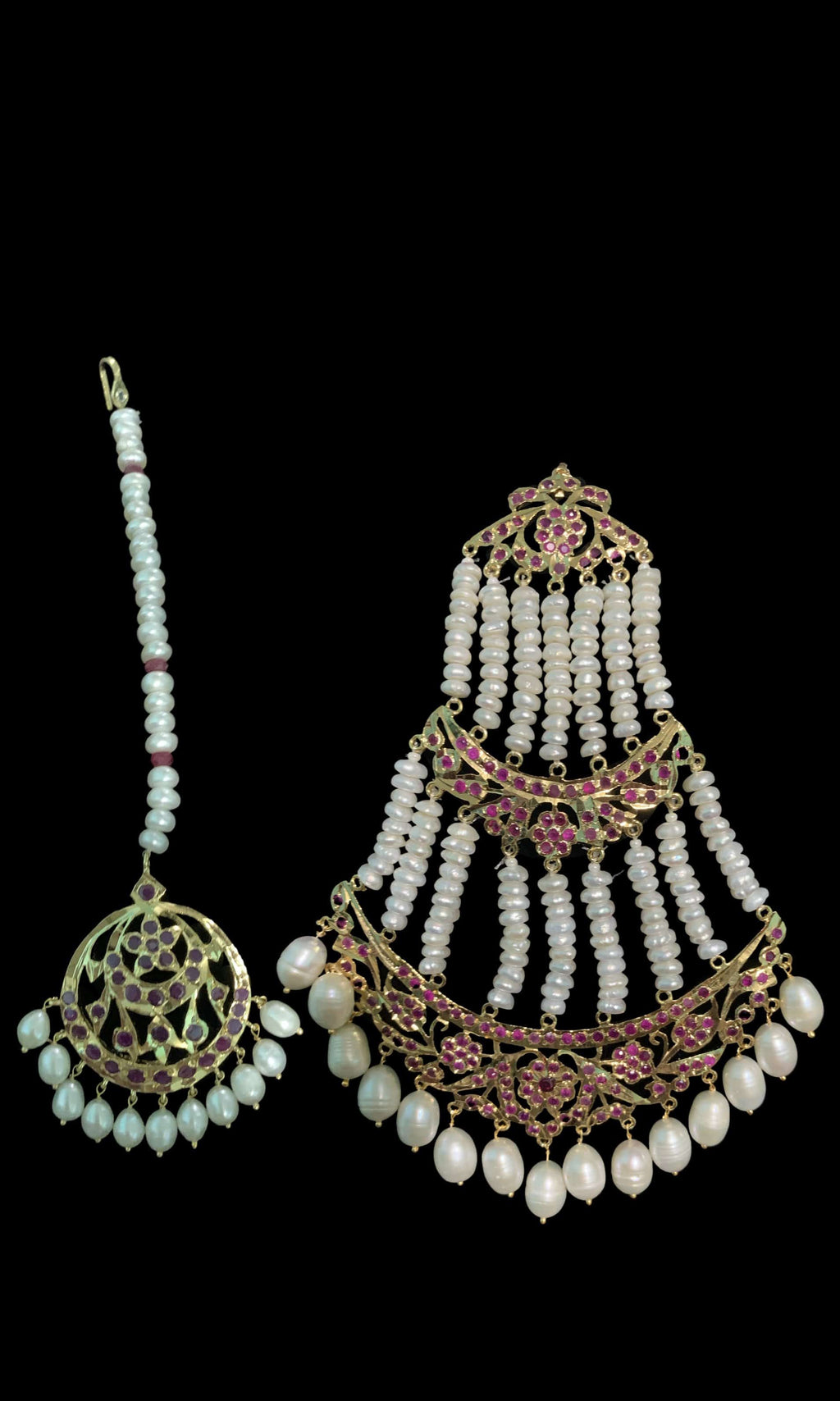 BR7 Insia bridal jadavi lacha satlada set in ruby with fresh water pearls  , READY TO SHIP