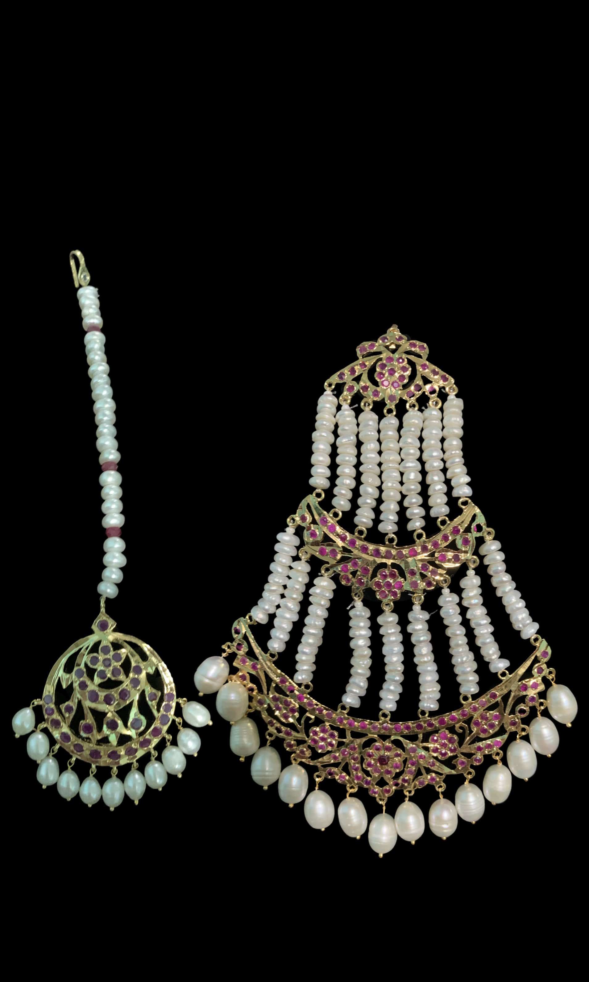 BR7 Insia bridal jadavi lacha satlada set in ruby with fresh water pearls  , READY TO SHIP