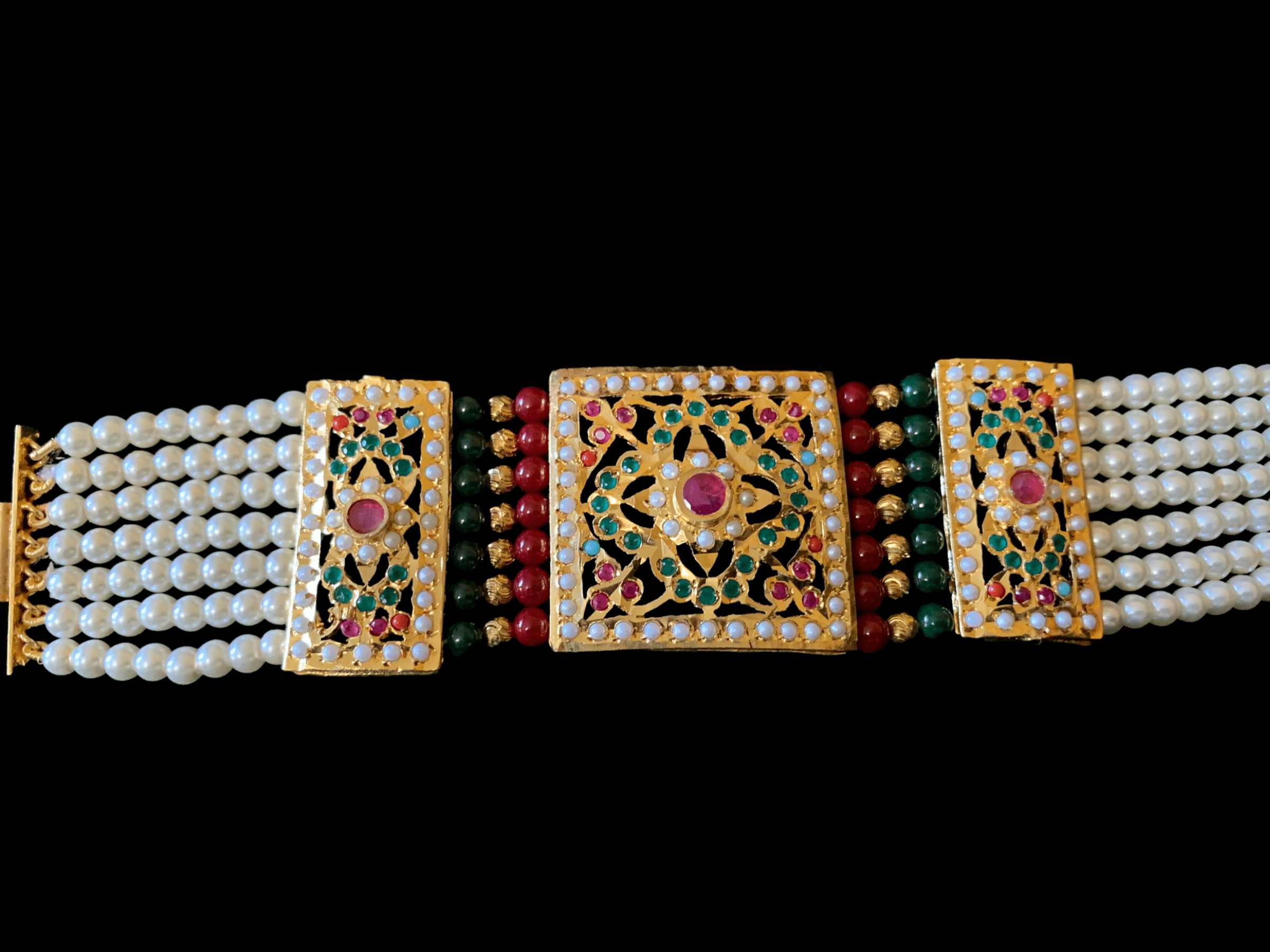 B67 Saira jadau bracelet in navratan with ruby green beads     ( READY TO SHIP )
