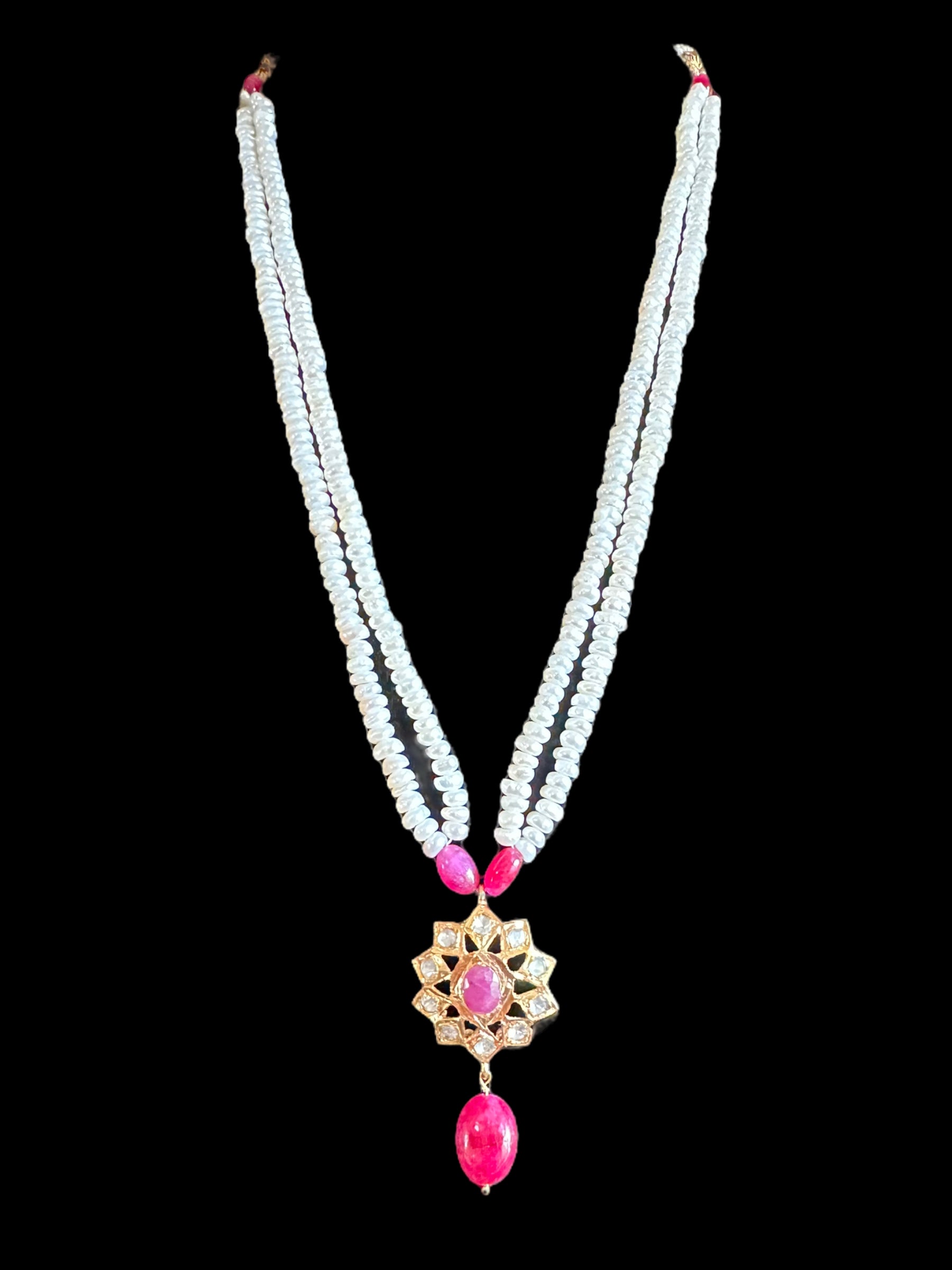 Ruby  with pearl pendant set in gold plated silver ( READY TO SHIP)