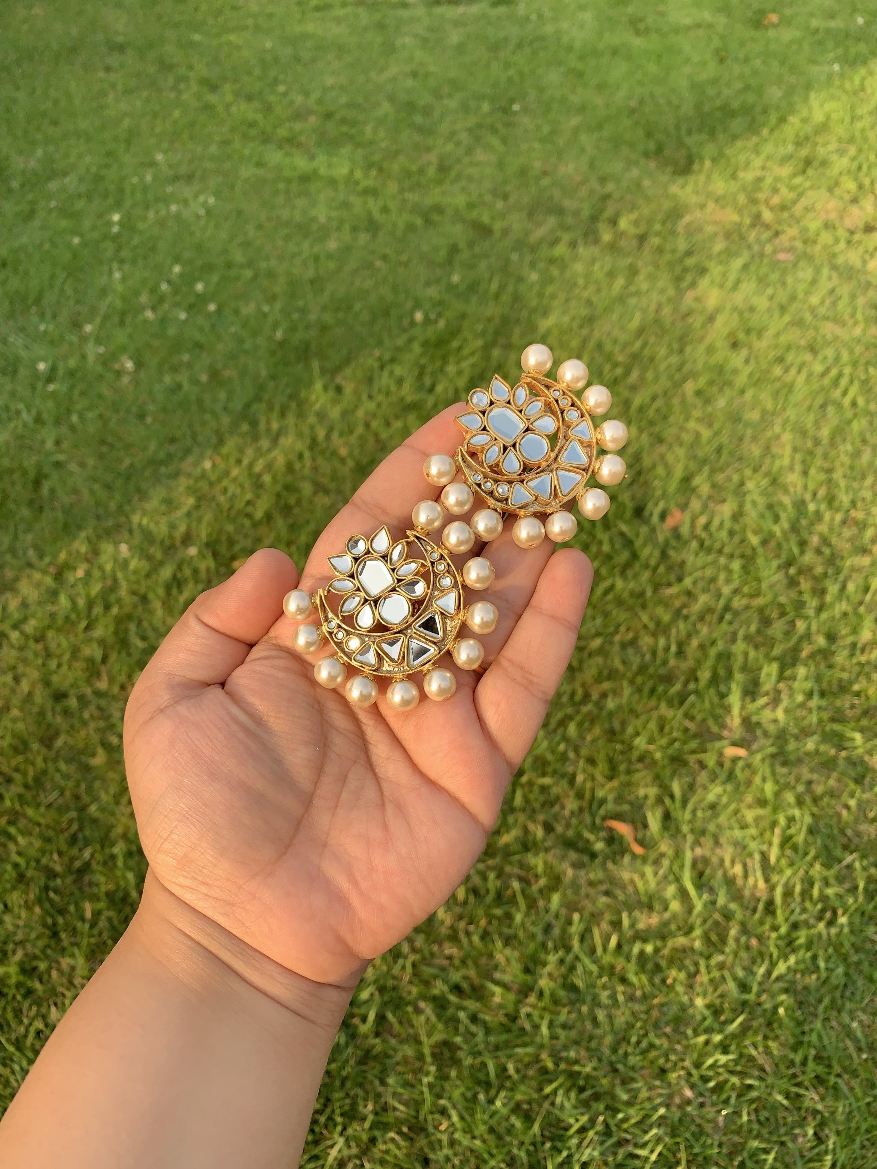 DT1 Niswa Gold-Plated Kundan Tops Handcrafted Pearl Stud Earrings ( READY TO SHIP  )