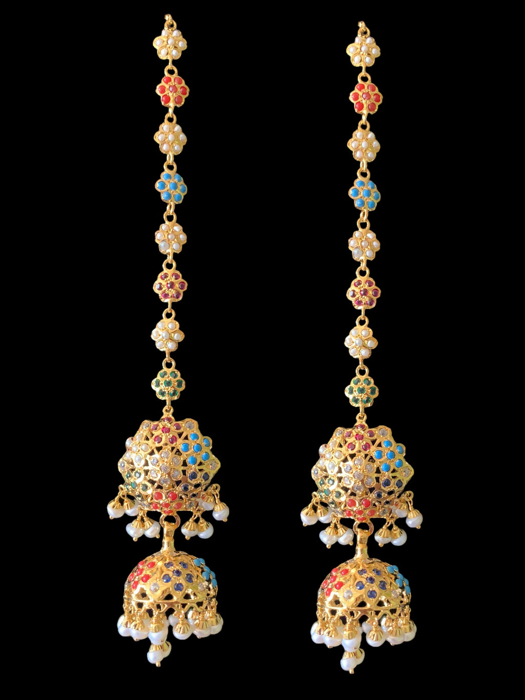 Navratan gold plated silver jhumka earrings