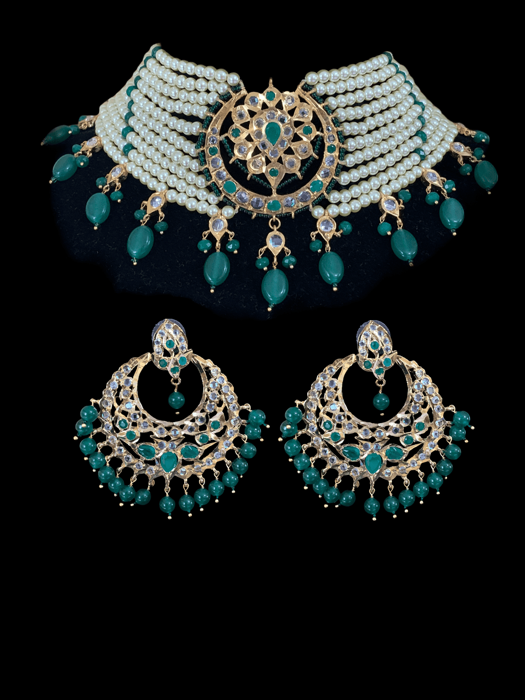 C103 Noor choker set in green with golden pearls (SHIPS IN 3 WEEKS )