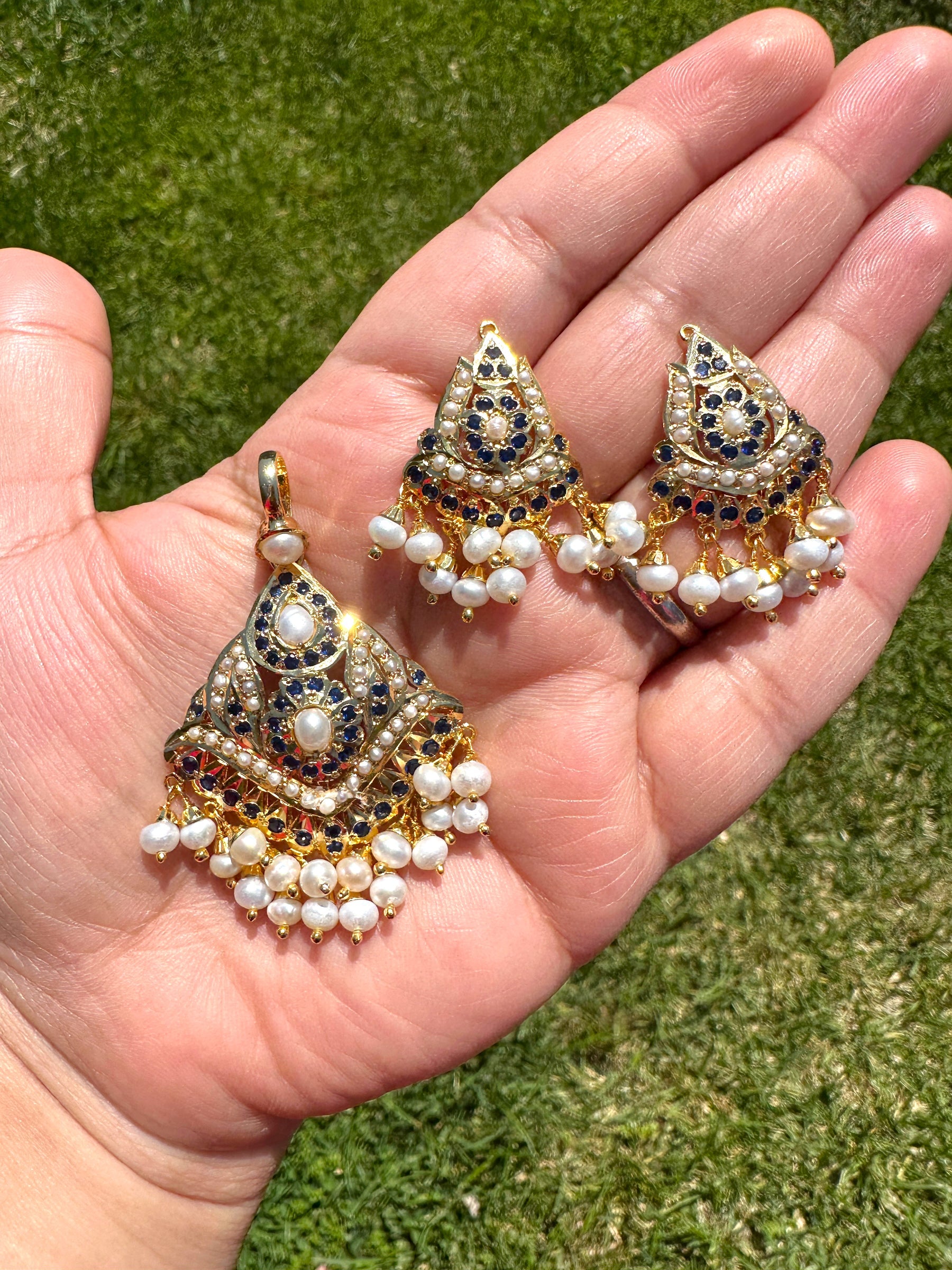 Sapphire with Fresh water pearl gold plated silver pendant set  ( SHIPS IN 4 WEEKS )