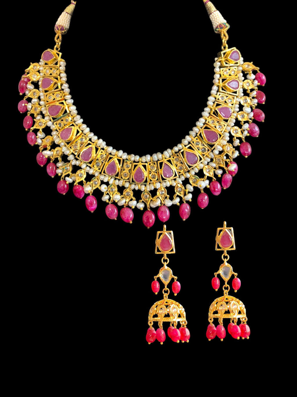 RAKIBA gold plated silver necklace set in ruby with fresh water pearls ( SHIPS IN 4 WEEKS )