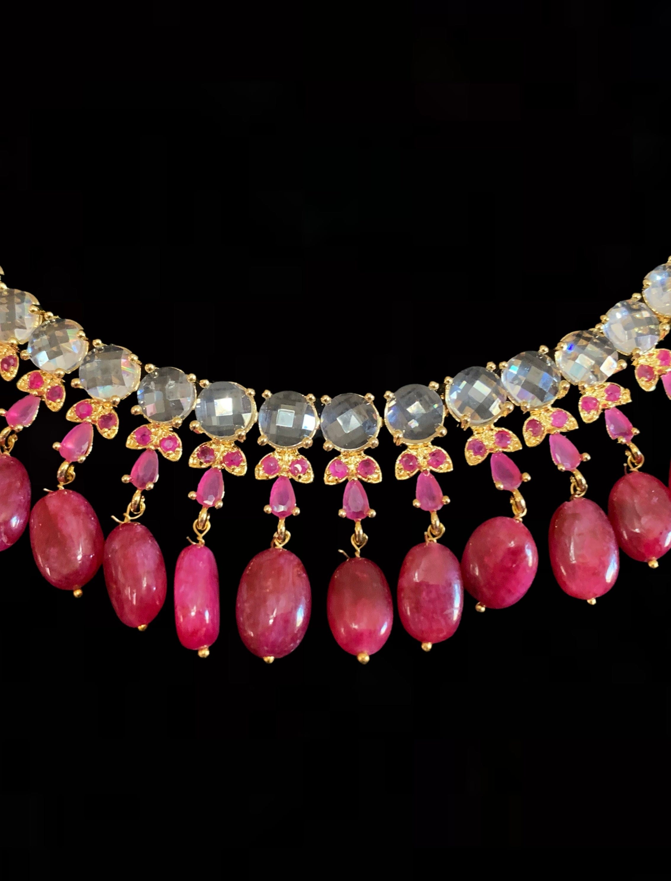 NS138 BRENA Hyderabadi necklace set in rubies (READY TO SHIP)