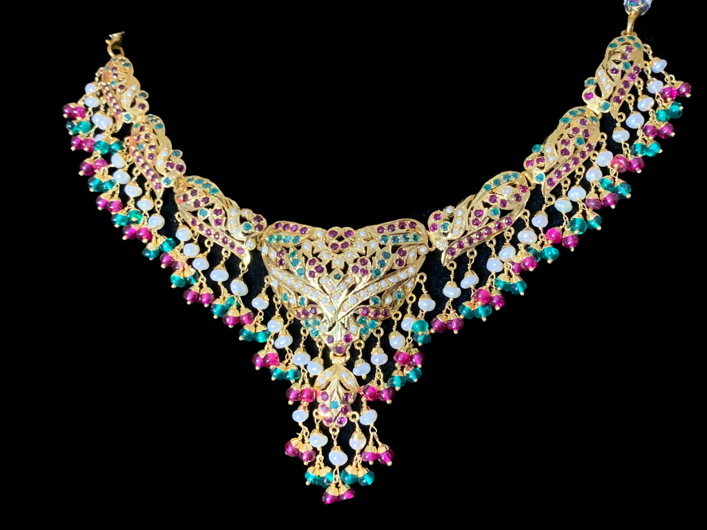 SAANVI Ruby emerald gold plated silver necklace set ( READY TO SHIP)