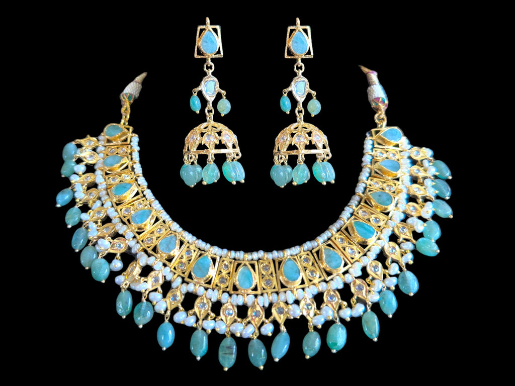 RAKIBA gold plated silver necklace set in emerald  with fresh water pearls ( SHIPS IN 5 WEEKS )