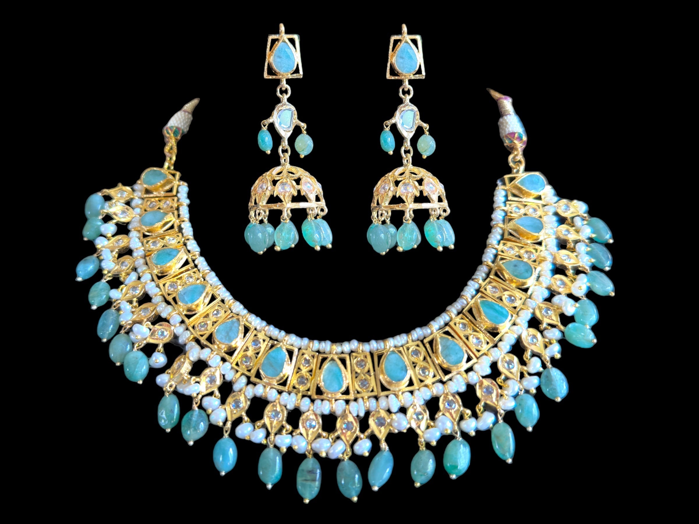 RAKIBA gold plated silver necklace set in emerald  with fresh water pearls ( SHIPS IN 5 WEEKS )