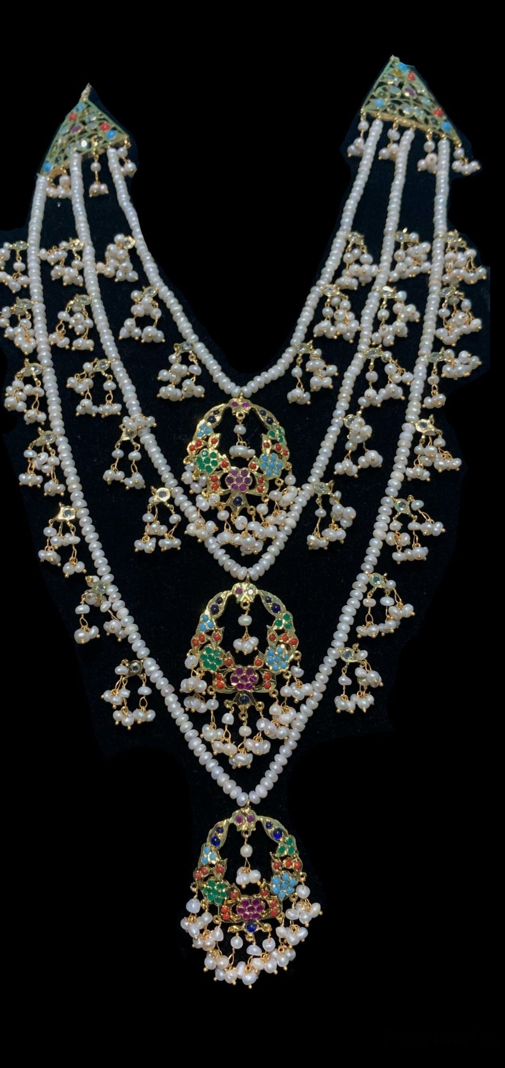 SAT14 Madhuri three layer bridal navratan set in fresh water pears  ( SHIPS IN 4 WEEKS  )