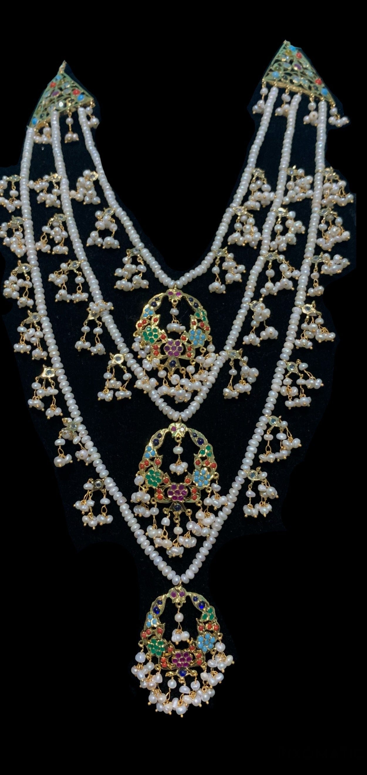 SAT14 Madhuri three layer bridal navratan set in fresh water pears  ( SHIPS IN 4 WEEKS  )