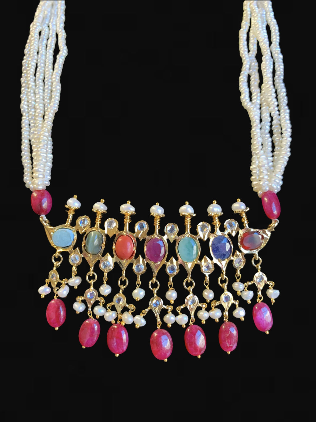 PS509 Tirmani Necklace in Navratan with Freshwater Pearls and Chandbali Earrings – Gold-Plated Lightweight Jewelry ( READY TO SHIP )