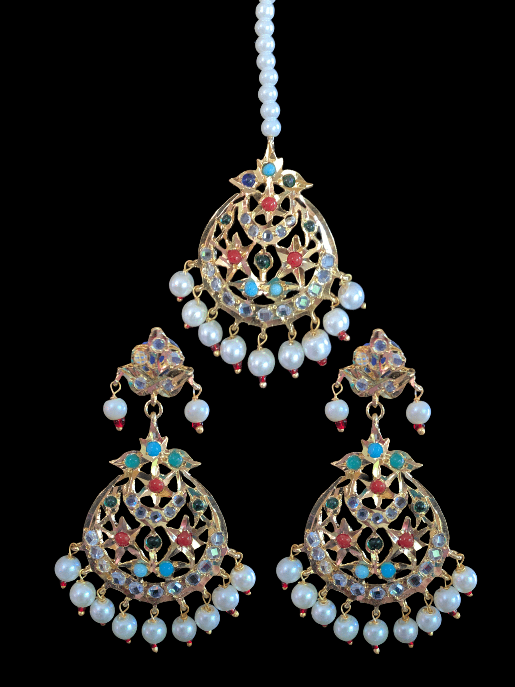 SAT23 Tooba ruby three layered pearl necklace with earrings and Tika - navratan  (READY TO SHIP )