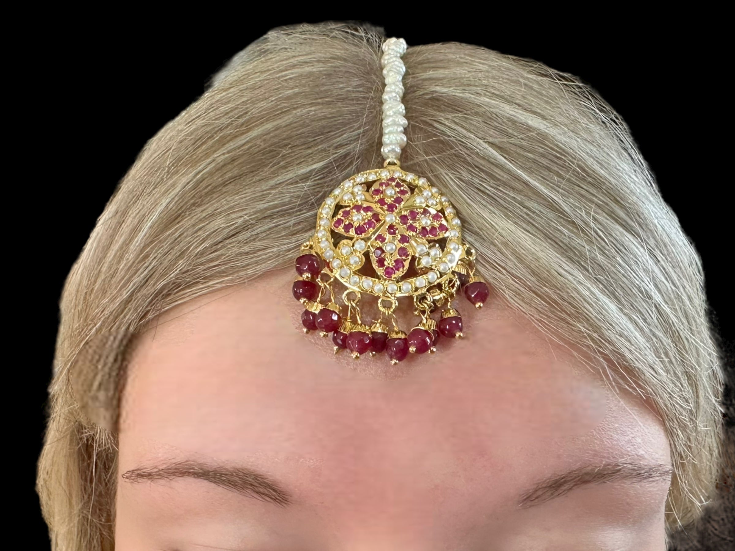 DLN13 jadau rani haar in ruby with fresh water  pearls ( READY TO SHIP)