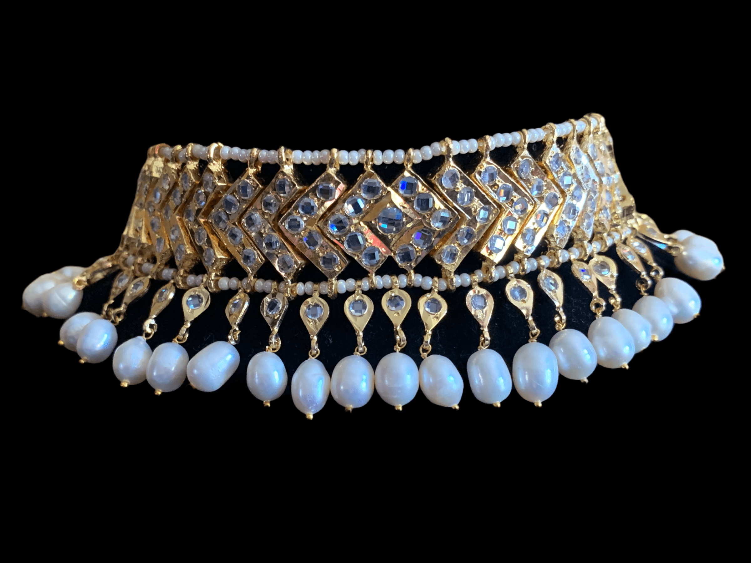 C86 MAHIRA v set in fresh water pearls  (SHIPS IN 1 WEEK )