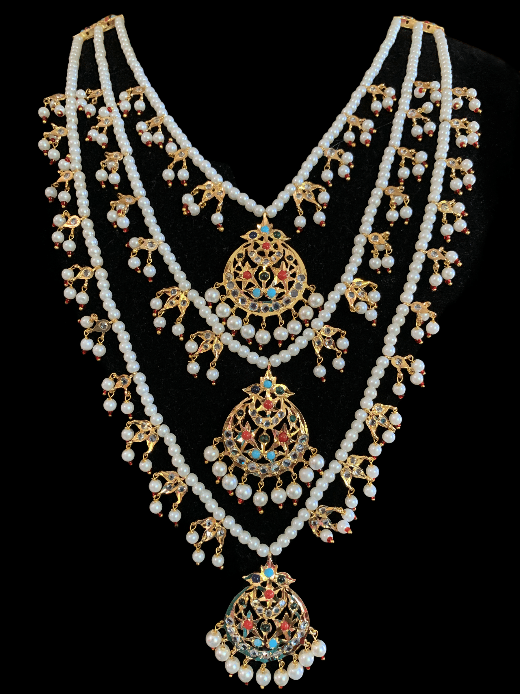 SAT23 Tooba ruby three layered pearl necklace with earrings and Tika - navratan  (READY TO SHIP )