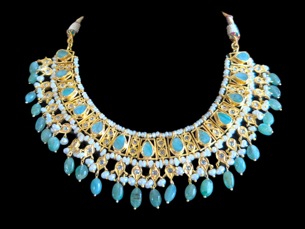 RAKIBA gold plated silver necklace set in emerald  with fresh water pearls ( SHIPS IN 5 WEEKS )
