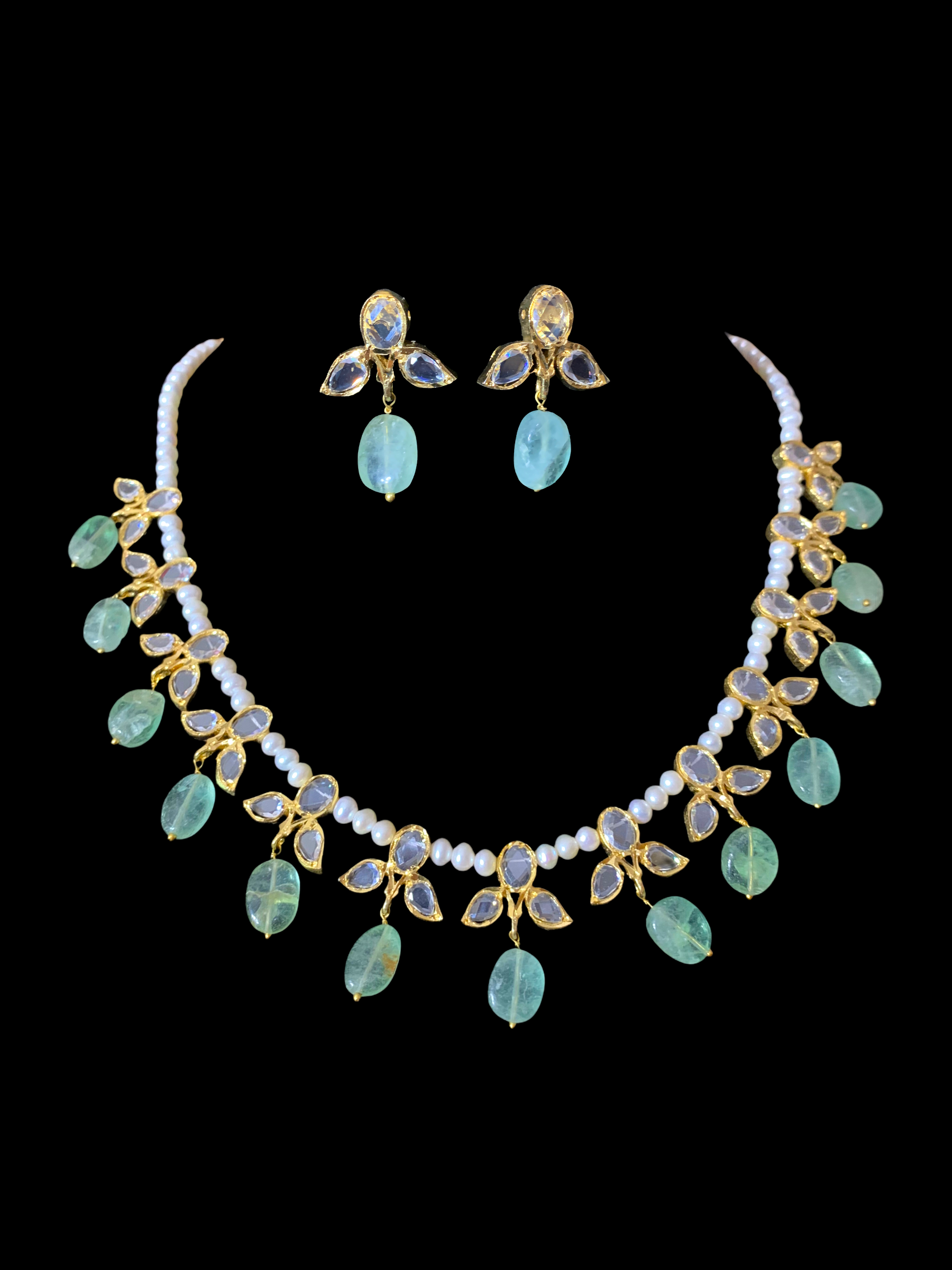 ZAFRIN gold plated silver necklace set in emerald beads  ( SHIPS IN 4 WEEKS )