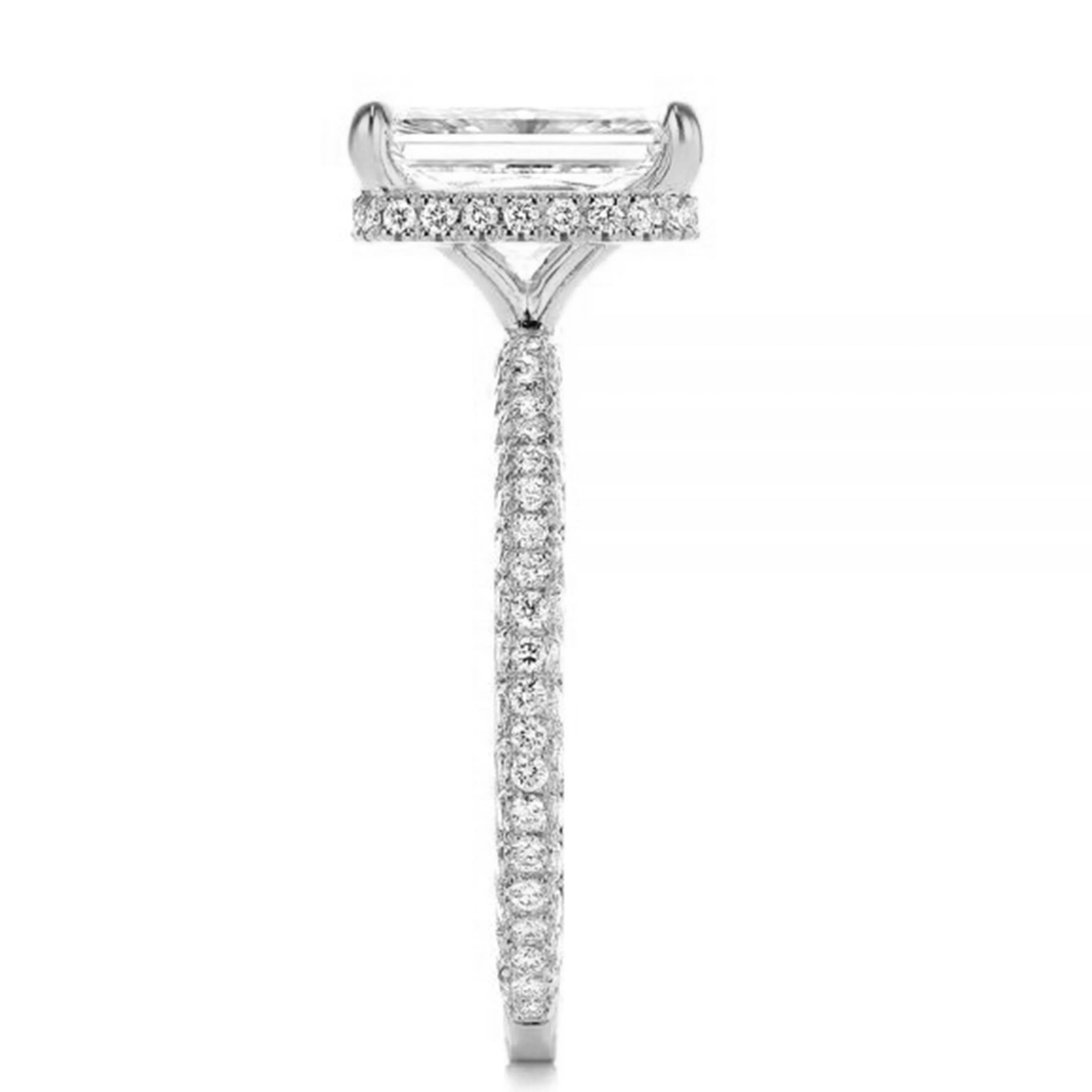 3.0ct Emerald Cut Moissanite Diamond Pavè Three Row Band Engagement Ring