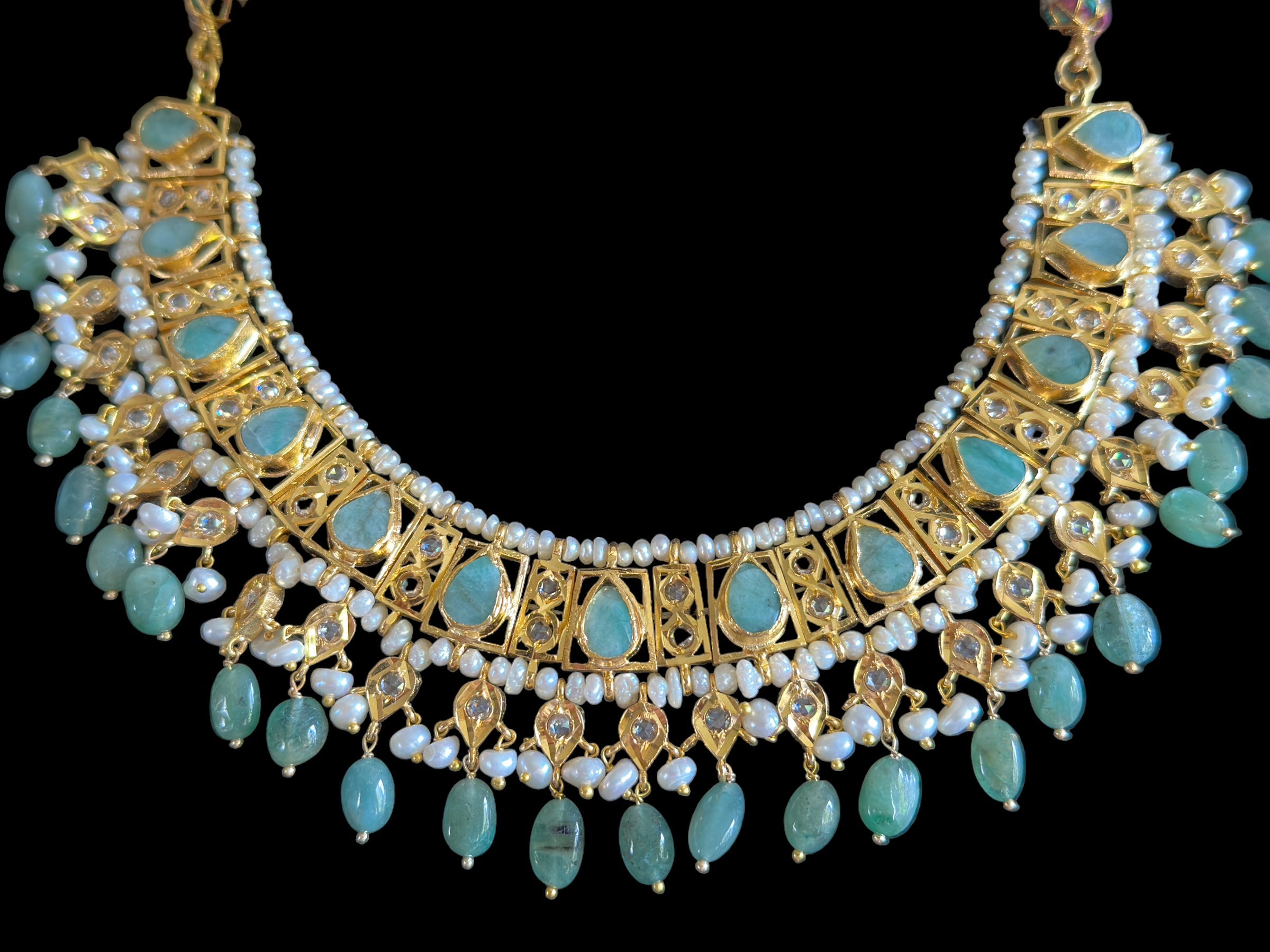 RAKIBA gold plated silver necklace set in emerald  with fresh water pearls ( SHIPS IN 5 WEEKS )
