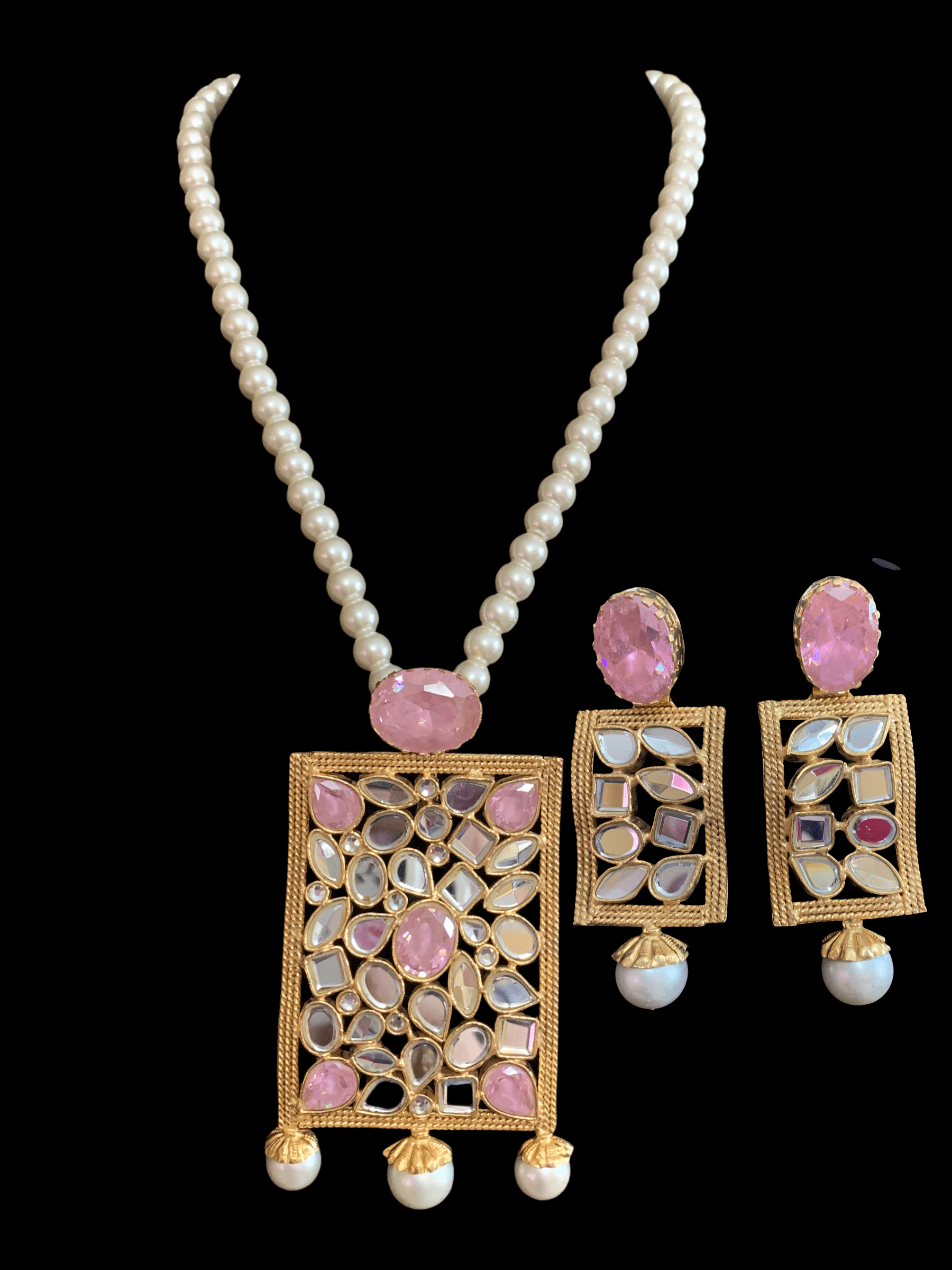 PS462 Farshi kundan pendant set in pink ( READY TO SHIP)