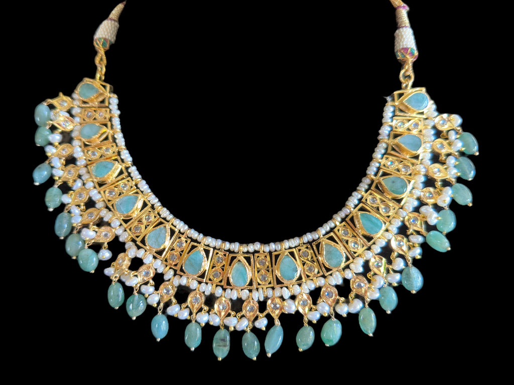 RAKIBA gold plated silver necklace set in emerald  with fresh water pearls ( SHIPS IN 5 WEEKS )