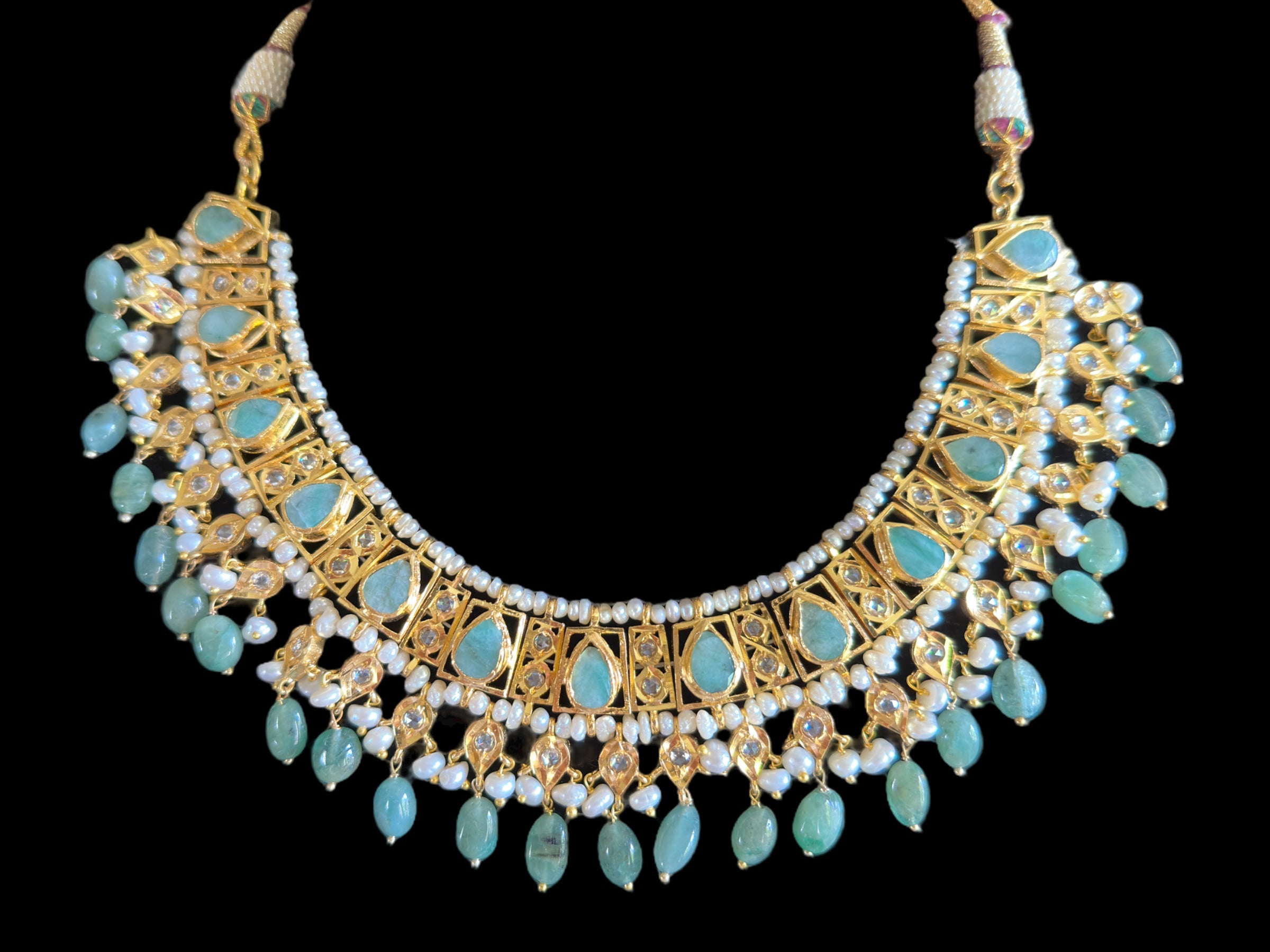 RAKIBA gold plated silver necklace set in emerald  with fresh water pearls ( SHIPS IN 5 WEEKS )