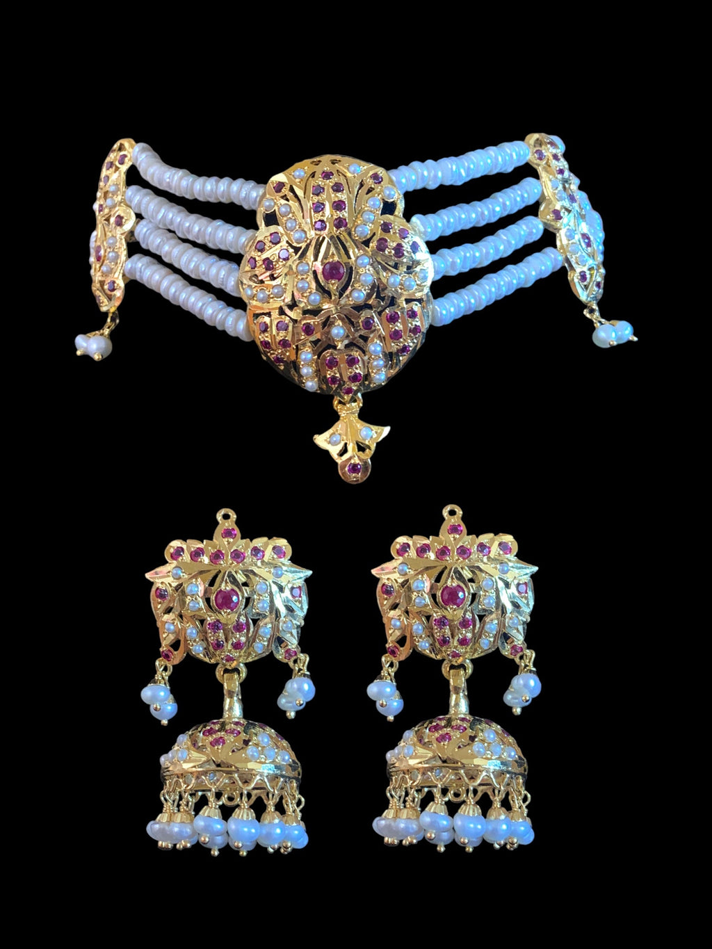 ALARNA gold plated silver choker in rubies and fresh water pearls ( SHIPS IN 4 WEEKS )