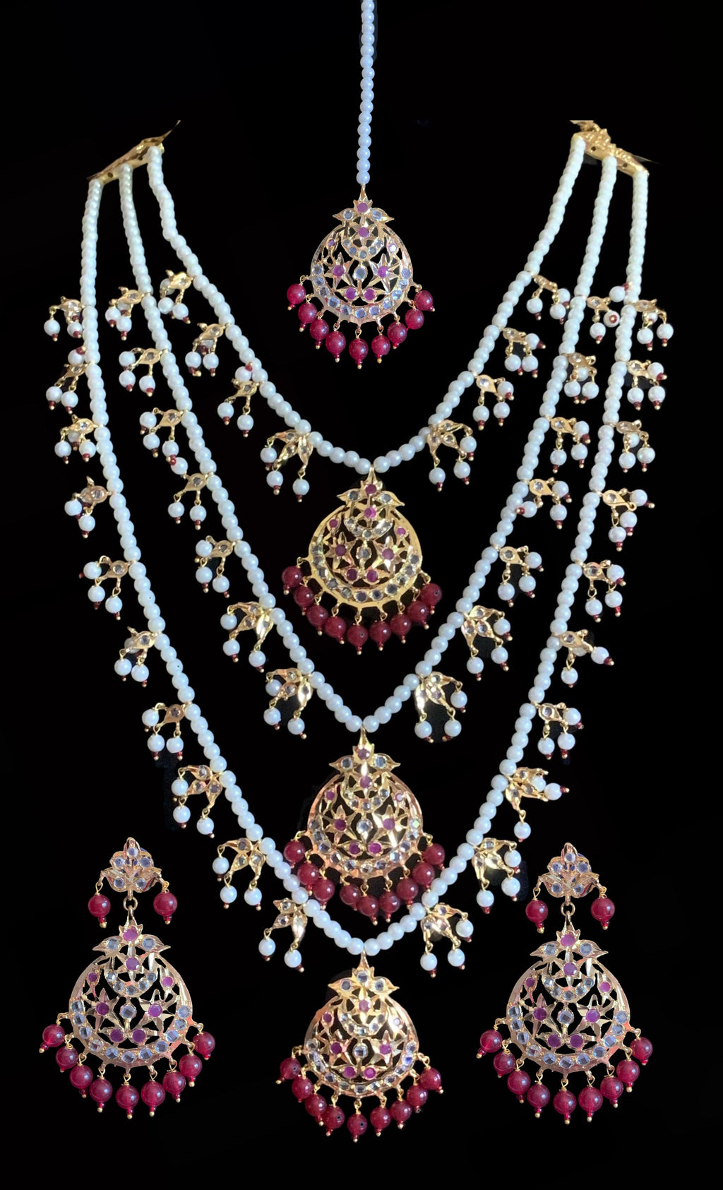 Tooba ruby three layered pearl necklace with earrings and Tika (SHIPS IN 4 WEEKS )