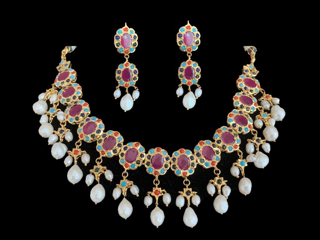 Pranila navratan hyderabadi necklace set  in fresh water pearls ( SHIPS IN 4  WEEKS )