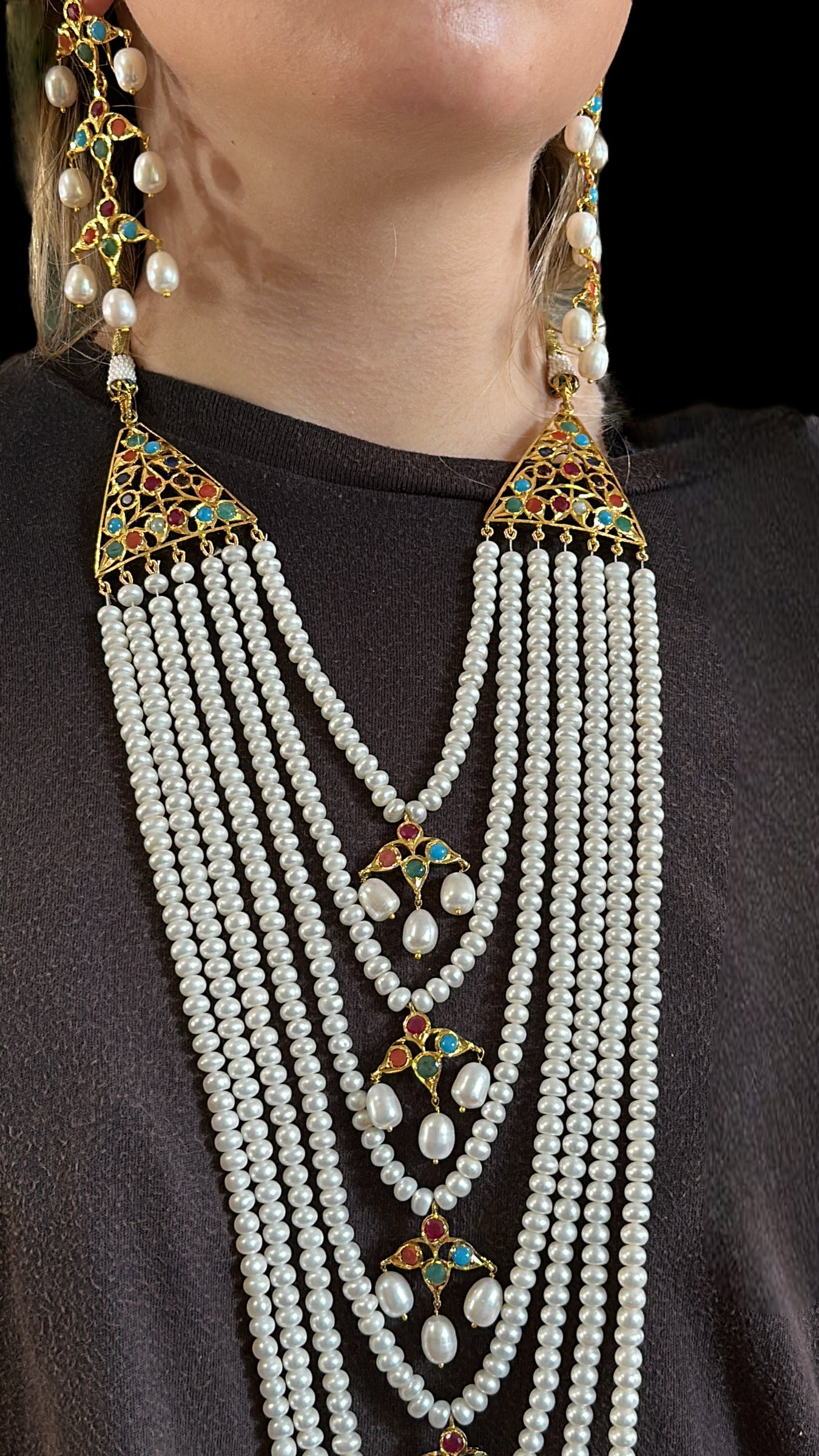 Hyderabadi Navratan satlada in gold plated silver with fresh water pearls (SHIPS IN 5 WEEKS  )