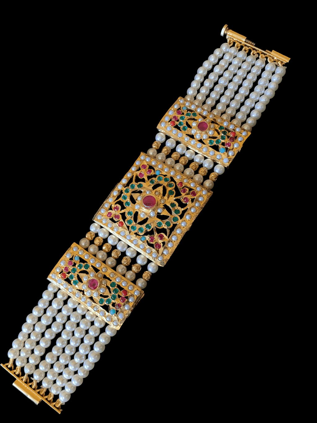 B66 Saira jadau bracelet in navratan with pearls    ( READY TO SHIP )