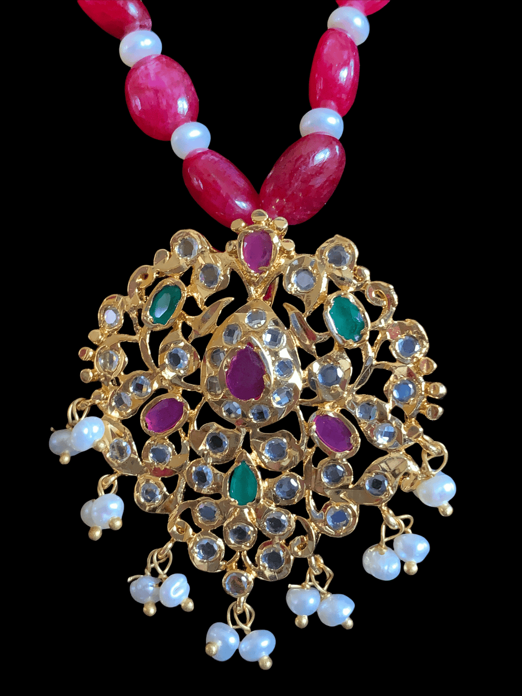 PS513 Hania hyderabadi pendant set in ruby emerald  ( READY TO SHIP )