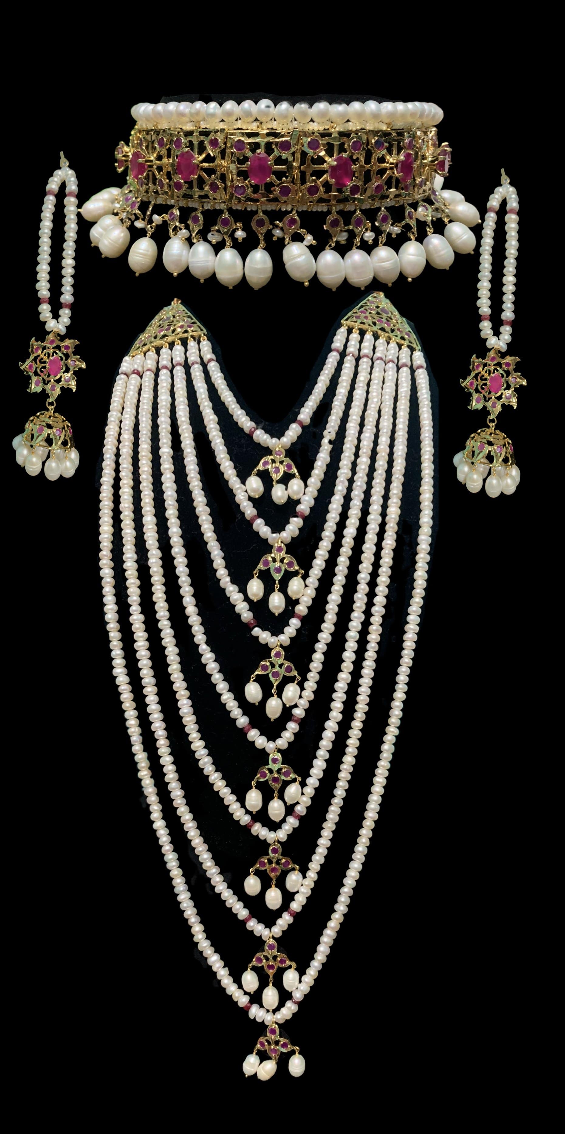 BR7 Insia bridal jadavi lacha satlada set in ruby with fresh water pearls  , READY TO SHIP