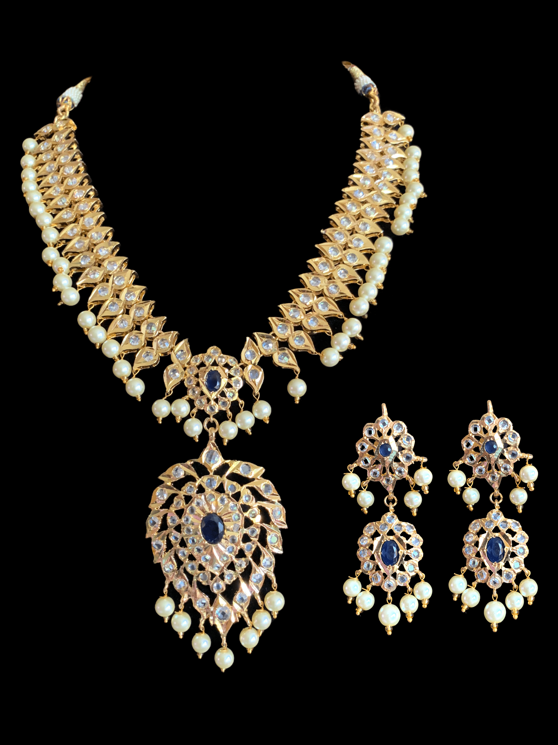 NS233 Ila nizami mango style bridal necklace with earrings in blue  (READY TO SHIP )