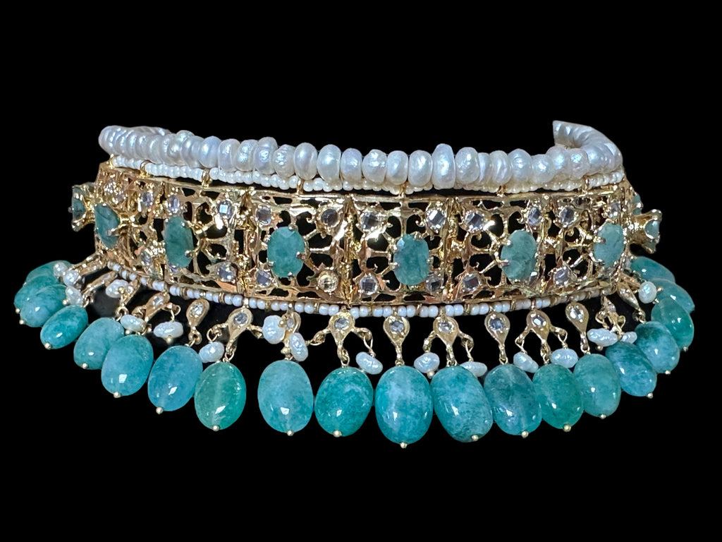 C266 Hyderabadi jadavi lacha in fresh water  pearls and emerald beads (READY TO SHIP  )
