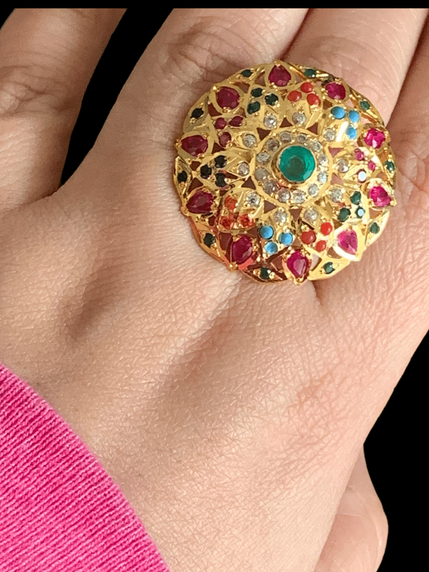 Navratan , multicolor  gold plated silver ring ( SHIPS IN 4 WEEKS )