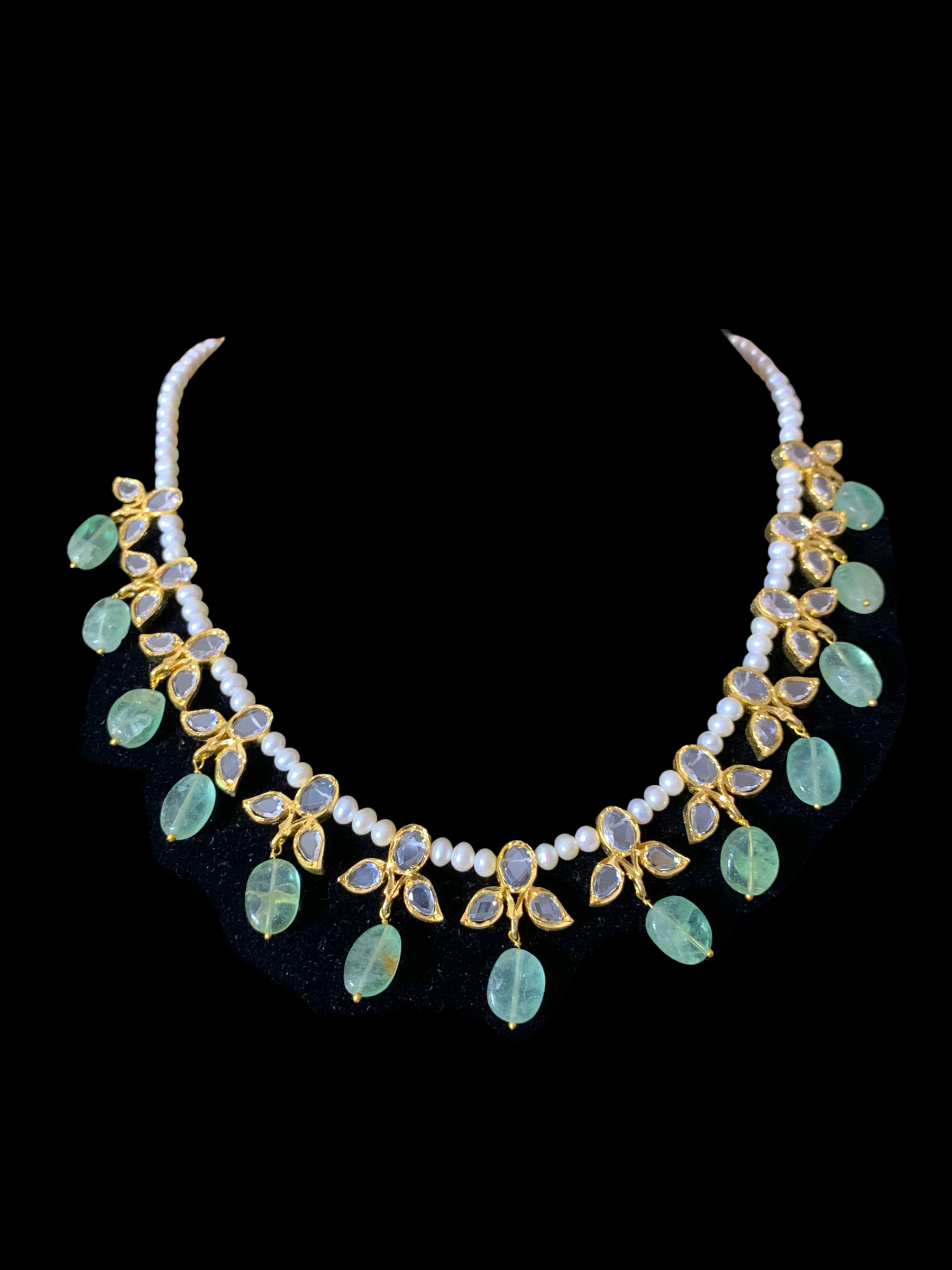 ZAFRIN gold plated silver necklace set in emerald beads  ( SHIPS IN 4 WEEKS )