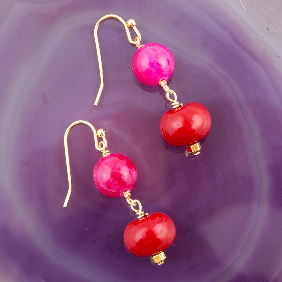 Jade Pink Fuchsia Sunset Red Golden Drop Earrings