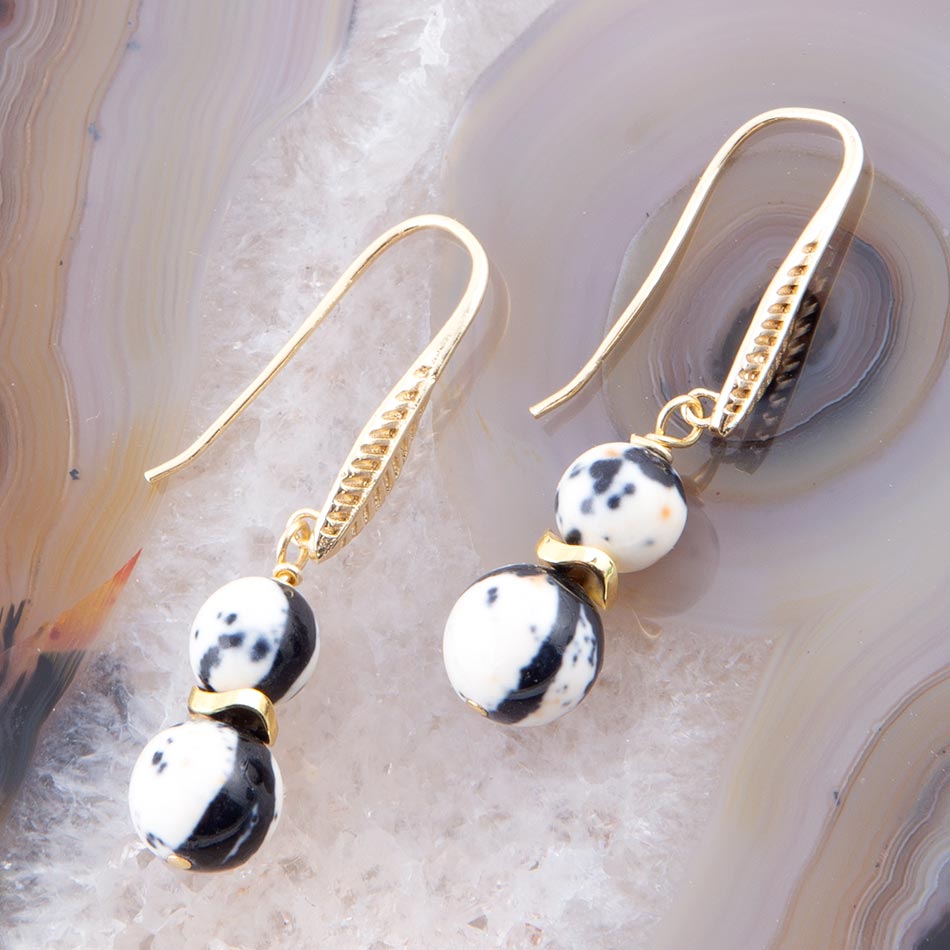 Agate Black and White Neutrals Golden Drop Earrings