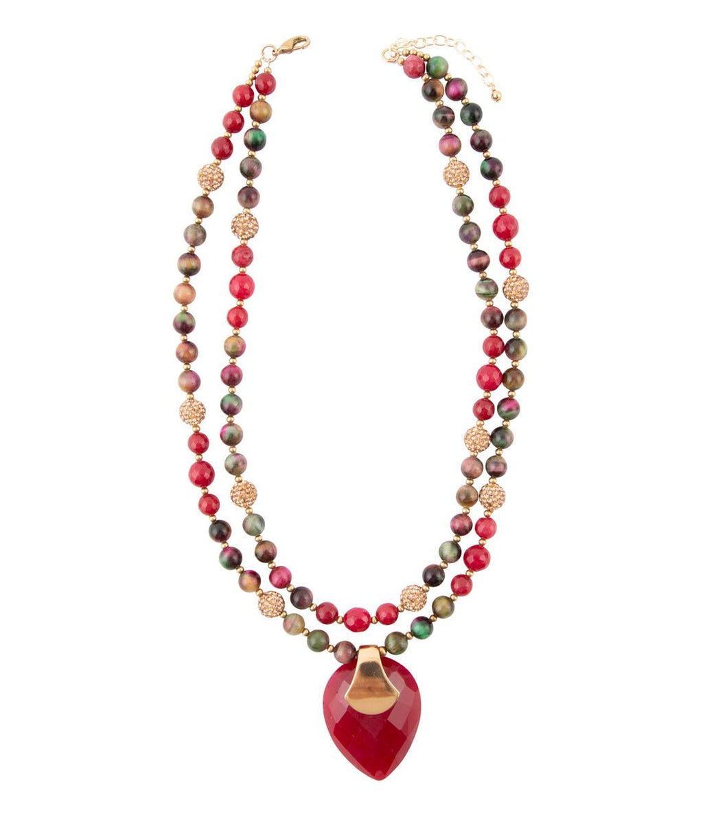 Jeweled Multi-Color Tiger's Eye and Rasberry Quartz Pendant Golden Necklace
